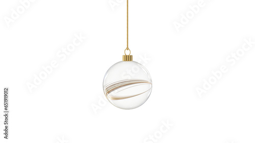 glossy transparent glass christmas ball christmastree with golden swirl stripes hanging from top upright 3D rendering isolated
