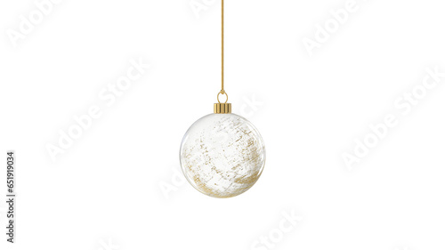 glossy transparent glass christmas ball christmastree with grungy golden structure hanging  from top upright 3D rendering isolated
