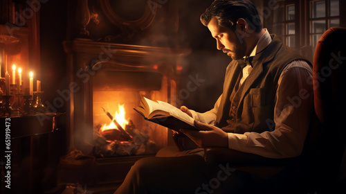Man reading a vintage book. Evening relaxation. A gentleman in a softly lit room engrossed in a classic novel