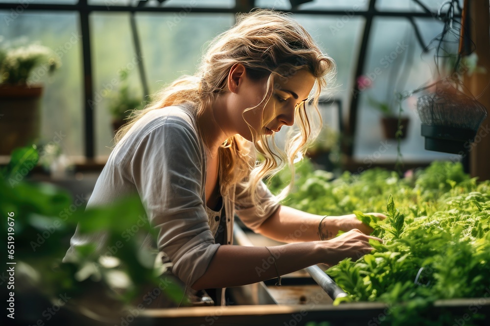 Mujer ecological producer working in a greenhouse. Generative AI Mujer ecological producer working in a greenhouse. Generative AI