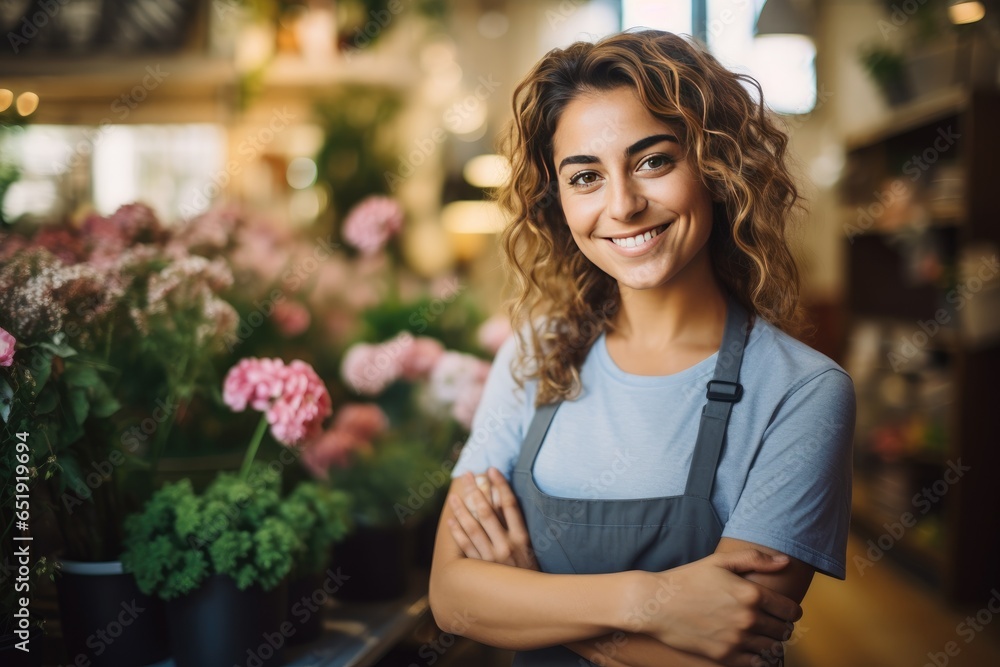 Smiling attractive female Small business owner in her florist shop. Generative AI
