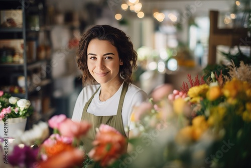 Woman working as florist in shop and smiling. Generative AI