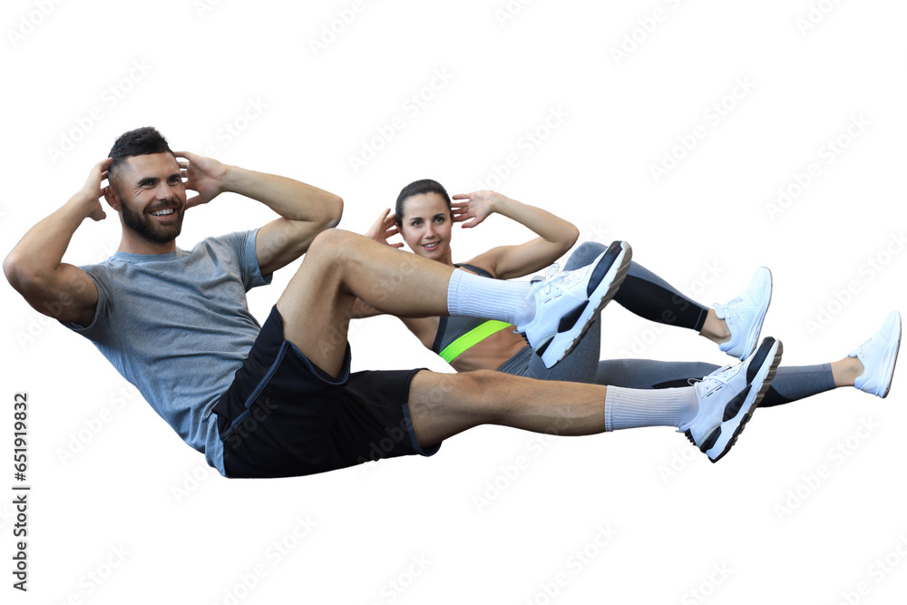 Obraz premium Attractive man and woman working in pairs performing sit ups on a transparent background