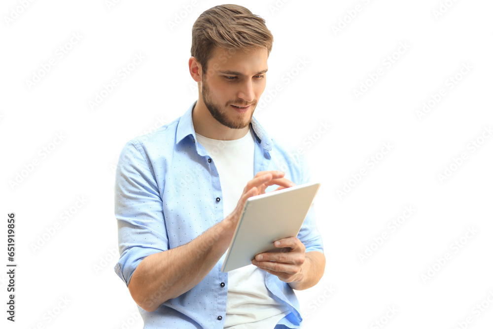 Businessman using his tablet in the office on a transparent background Businessman using his tablet in the office on a transparent background