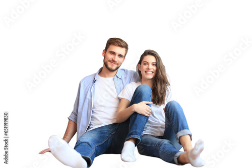 The happy couple sitting on the background on a transparent background