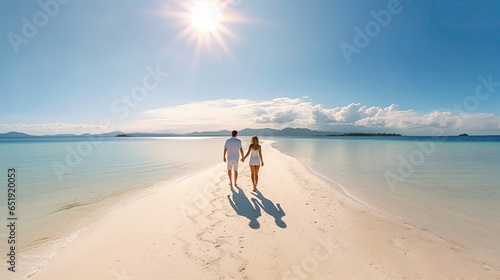 A young couple walking on white sand beach on island. Romantic couple, Summer honeymoon. Generative Ai
