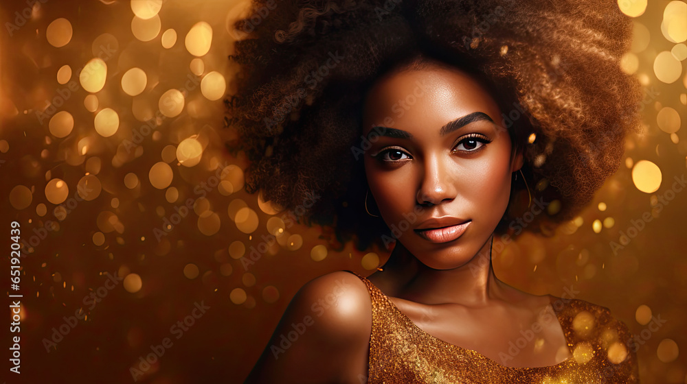 Portrait luxury and premium of African American woman in gold on golden ...
