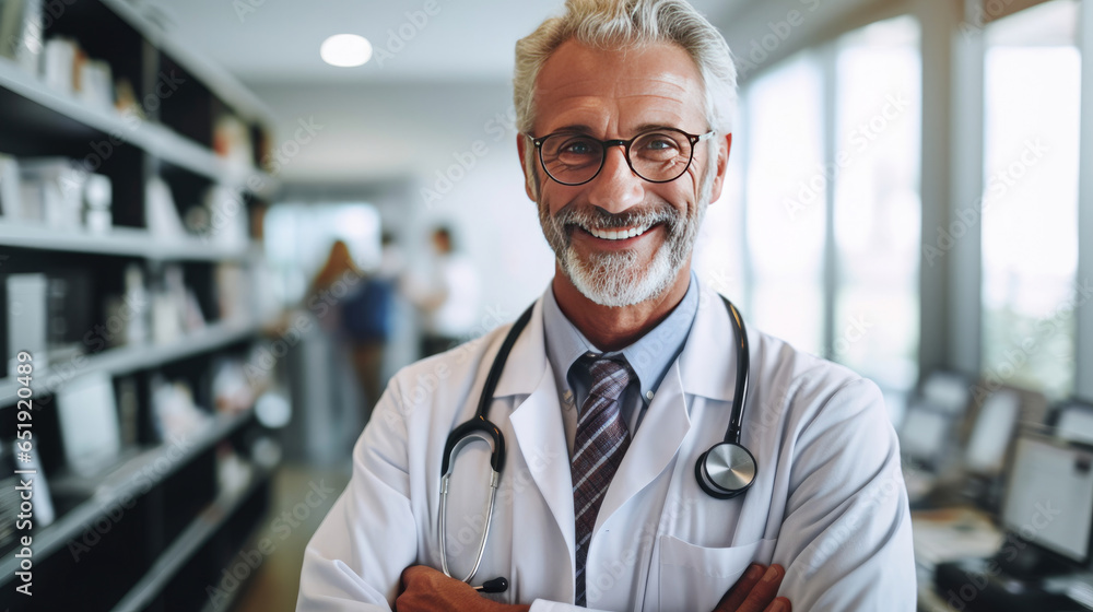 Portrait of A smiling doctor standing with arms crossed in hospital corridor. Generative Ai Portrait of A smiling doctor standing with arms crossed in hospital corridor. Generative Ai