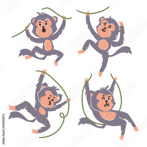 Monkey swing on vines. Cute cartoon characters . Hand drawn style . White isolate background . Vector .