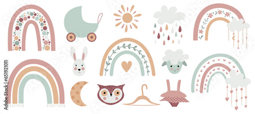 Boho baby rainbow clipart. Boho color rainbow, animals and baby elements for your project.