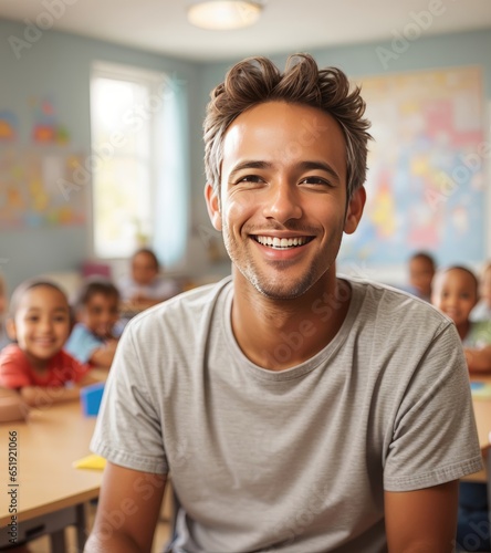 Teacher with Group of Preschool Children in Classroom, Preschool Education Teacher and Young Students, Early Childhood Learning Teacher with Preschool Class
