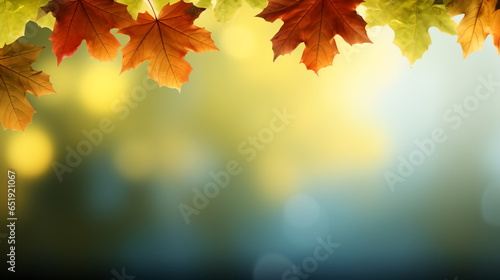 Autumn natural background  design  banner or template. Yellow and red maple leaves are flying and falling down. Autumnal landscape.
