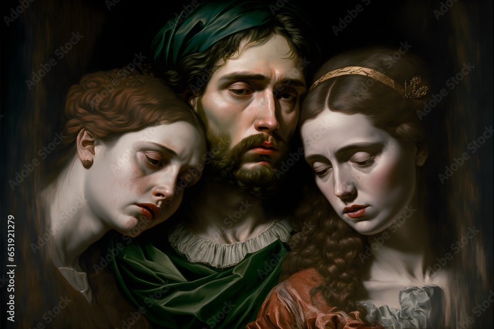 a renaissance painitng of one man and two women a man who cant choose between two women heartbroken one man two women agony heartbreak heartache  - obrazy, fototapety, plakaty 