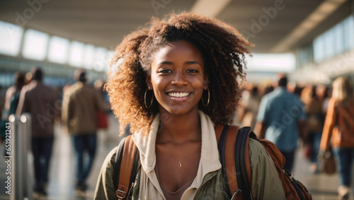 Bellissima ragazza afro americana felice e sorridente in aeroporto con zaino pronta per viaggiare	 photo