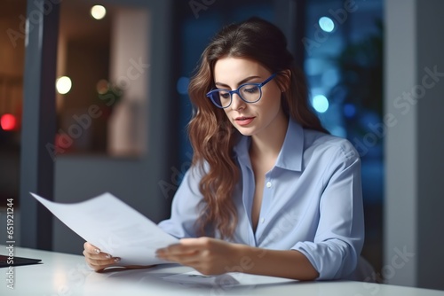young working woman reading a financial report or business report