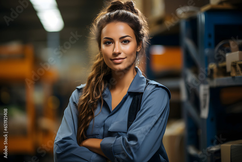 portrait of a woman confident factory worker with arms crossed
