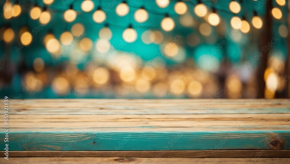 The empty wooden table top with blur background of bokeh lights. Exuberant image.