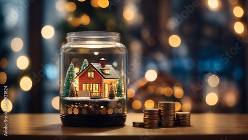 Coin jar on the table miniature house and bokeh lights