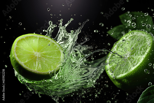 Cutted lemon, lime splashing into the water with mint over dark background. Fresh and juicy concept