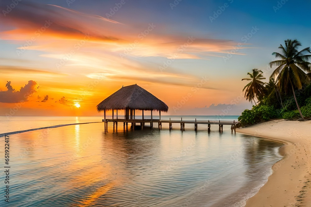 harbour in the middle of dark blue sea surrounded allaround by the water with amazing sunrise of sun and lights falling on it harbour in the middle of dark blue sea surrounded allaround by the water with amazing sunrise of sun and lights falling on it