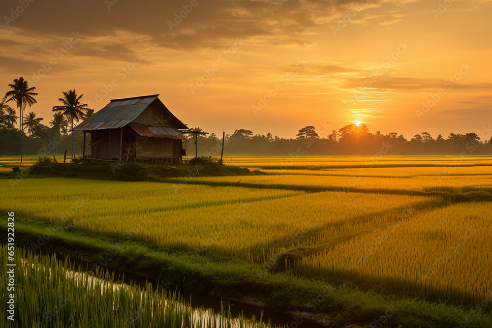 Rural landscape with rice fields and huts Rural landscape with rice fields and huts