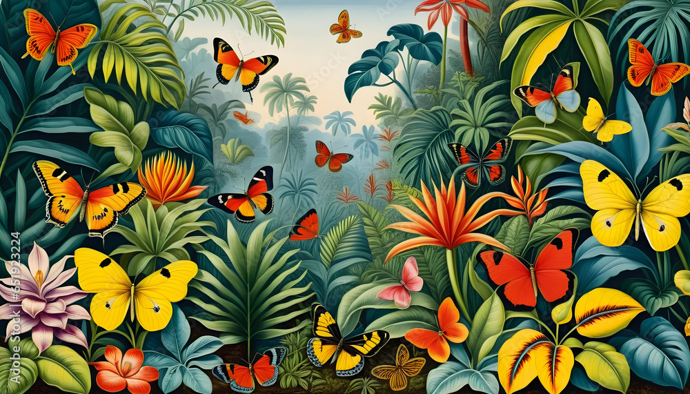 vintage style illustration of a jungle with exotic flowers butterflies plants animals and blossoms - generative ai