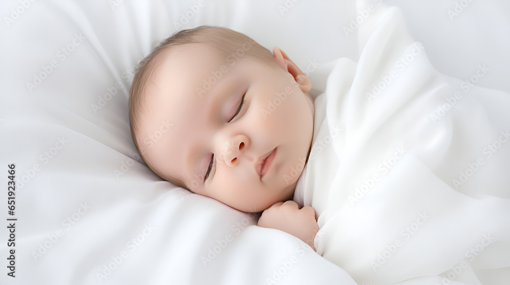 a one month old baby at home in the bedroom lying on a white sheet wrapped in a towel after bathing - obrazy, fototapety, plakaty 