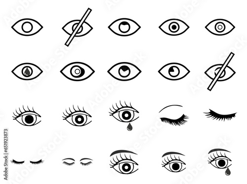 Eye line icon set. Open, closed eyes, visible invisible concept, hidden password, view minimal vector illustrations