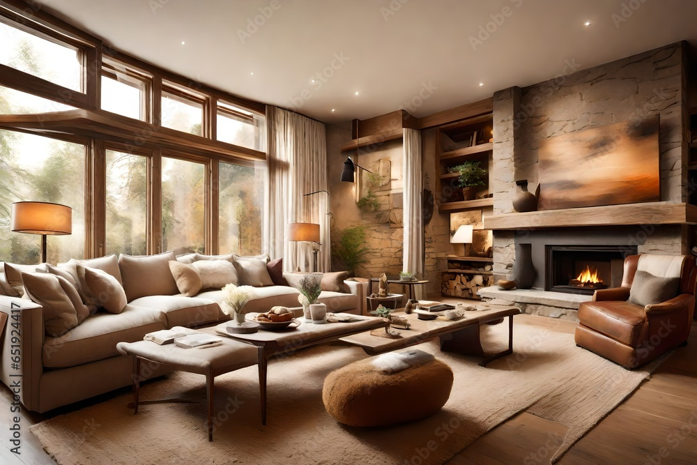 A cozy interior of a home with warm, earthy tones and soft lighting. The living room is adorned with plush sofas and cushions, inviting you to sink ai generated