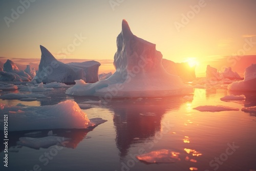 icebergs floating on the water in the anctartic sea in Anctartica at sunset photo