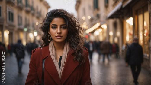 Bellissima donna di origini arabe vestita con un cappotto elegante cammina nella strade di Roma la sera vicino ai negozi con tanta gente e luci