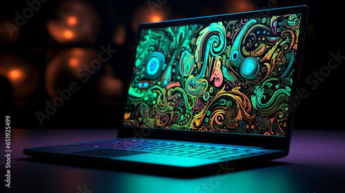 closeup of cool and sophisticated laptop, cyberpunk color