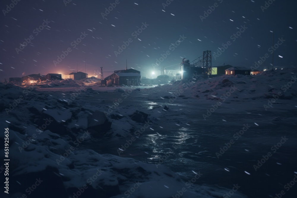 a polar base in the arctic at night
