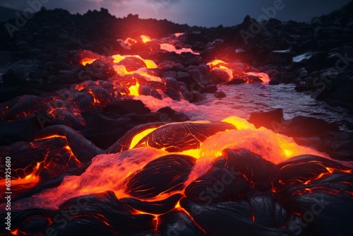 close up shot of a river of lava flowing down a volcano