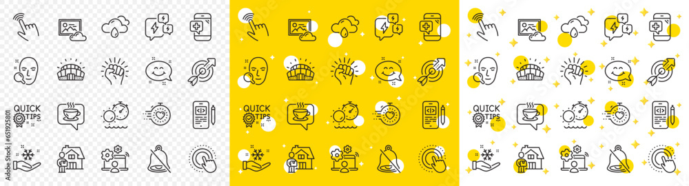 Outline Online job, Smile chat and Phone code line icons pack for web with Quick tips, Target, Face search line icon. Sports stadium, Mute, Coffee pictogram icon. Medical phone, Timer. Vector