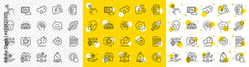 Outline Online job, Smile chat and Phone code line icons pack for web with Quick tips, Target, Face search line icon. Sports stadium, Mute, Coffee pictogram icon. Medical phone, Timer. Vector