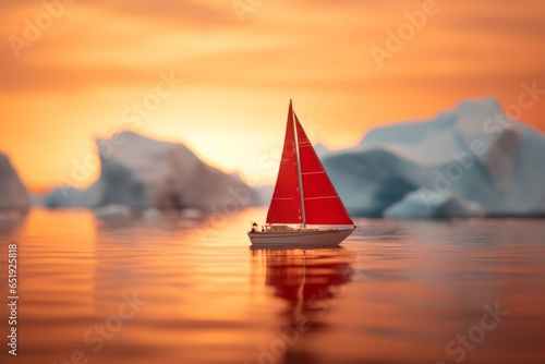 sailboat with red sails sailing in the arctic sea between icebergs in Antarctica at sunset