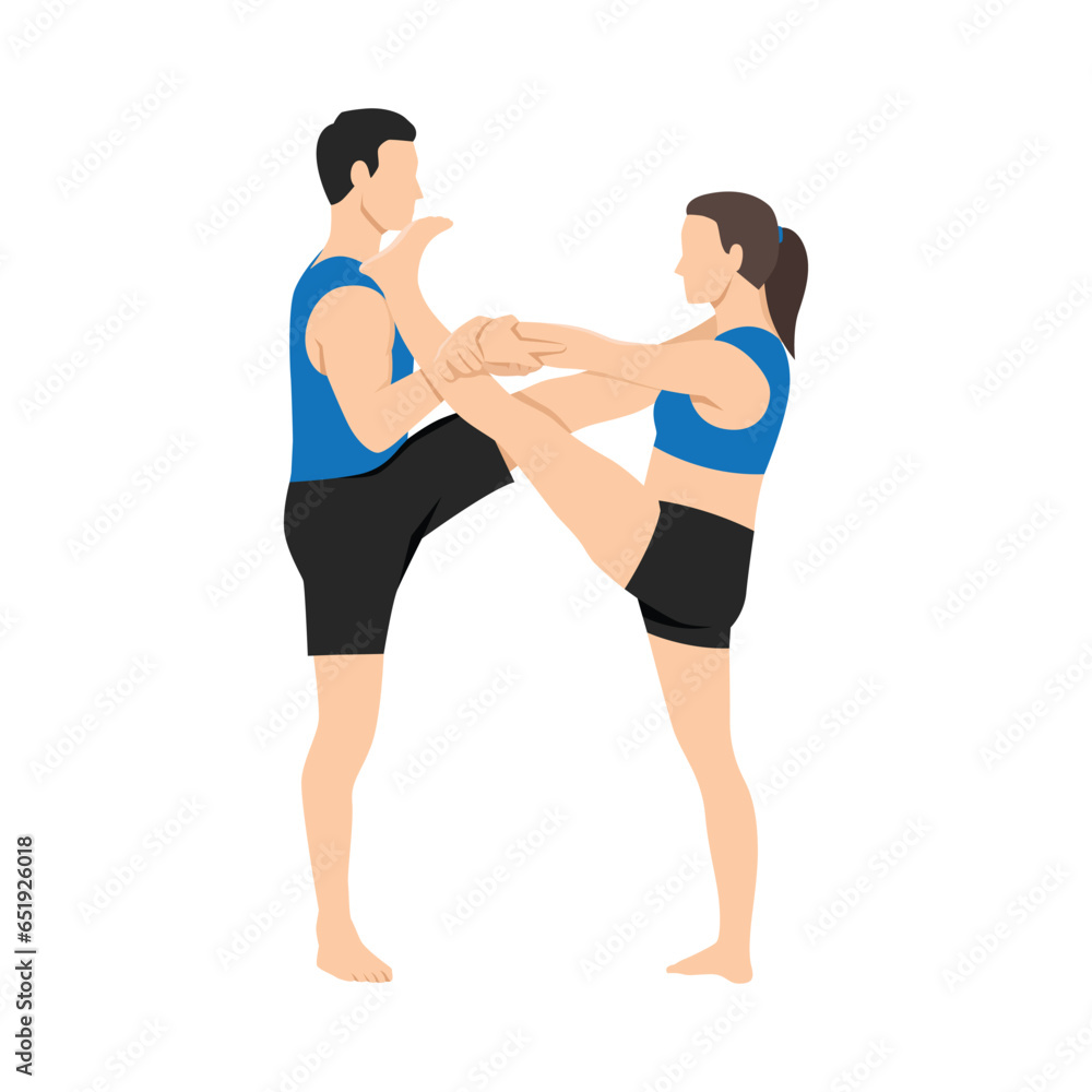 Young couple doing Extended Hand to Big Toe yoga pose, Utthita Hasta Padangushthasana. Flat vector illustration isolated on white background Young couple doing Extended Hand to Big Toe yoga pose, Utthita Hasta Padangushthasana. Flat vector illustration isolated on white background