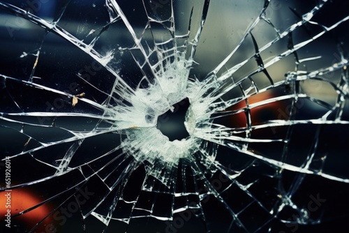 Broken Car Window on Abstract Background. Concept of Car Glasses Break, Accident or Crime at Backdoor photo