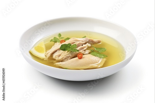 Broth Isolated on White Background. Chicken and Vegetable Broth in a White Clipping Bowl with Boiled Vegetable Slices as Diet and Cooking Concept. Close-up Shot