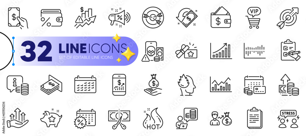 Outline set of Cashback, Budget accounting and Difficult stress line icons for web with Loyalty points, Column diagram, Inflation thin icon. Salary, Atm money, Rise price pictogram icon. Vector