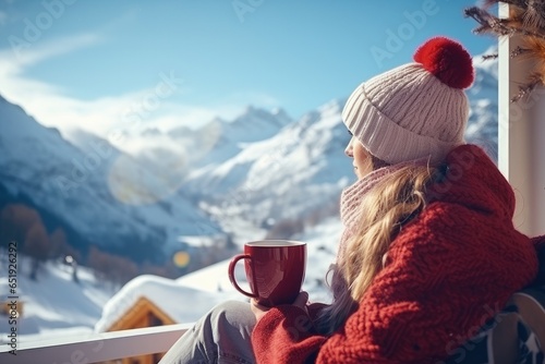 Papier peint Young woman enjoying a hot drink among a snowy winter landscape, enjoying the holiday season