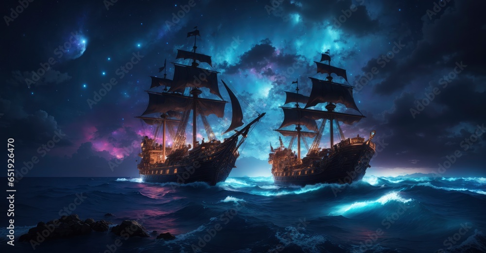 Fototapeta premium Create an epic 4K ultra image of a pirate ship sailing into a bioluminescent sea with a galaxy-filled sky