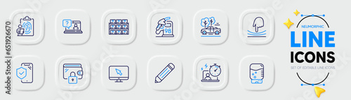 Fingerprint, Petrol station and Boxes shelf line icons for web app. Pack of Pencil, Timer, Elastic pictogram icons. Wallet, Phone insurance, Water cooler signs. Pickup, Faq, Internet. Vector