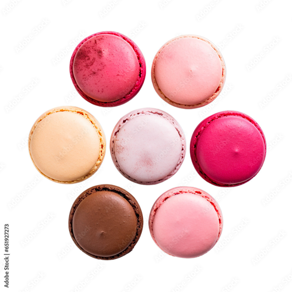 Top view of French food French Macarons isolated on a white transparent background Top view of French food French Macarons isolated on a white transparent background