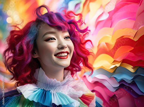 happy asian young woman in bright color in the style of swirling colors, colorist, photo-realistic, clownpunk, high speed sync, pink and blue, uniformly staged images  photo