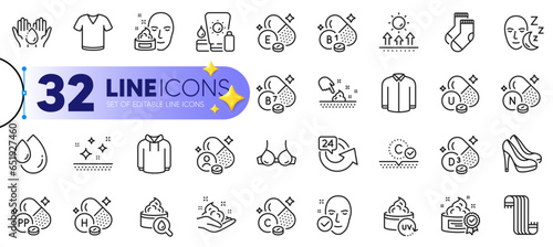 Outline set of Clean skin, Hoody and Vitamin n line icons for web with Uv protection, Moisturizing cream, Sunscreen thin icon. Health skin, Sun protection, 24 hours pictogram icon. Vector