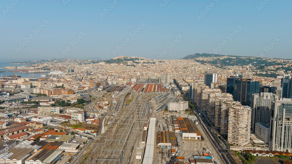 Naples, Italy. Panorama of the city with a view of the railway station. Daytime, Aerial View