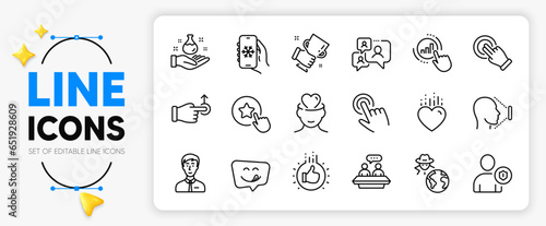 Chemistry lab, Air conditioning and Security line icons set for app include Loyalty star, Graph chart, Face id outline thin icon. Cursor, Employees talk, Like hand pictogram icon. Vector