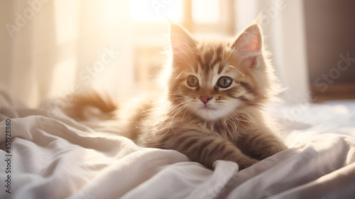 A cute tabby kitten lies on a white blanket on the bed.